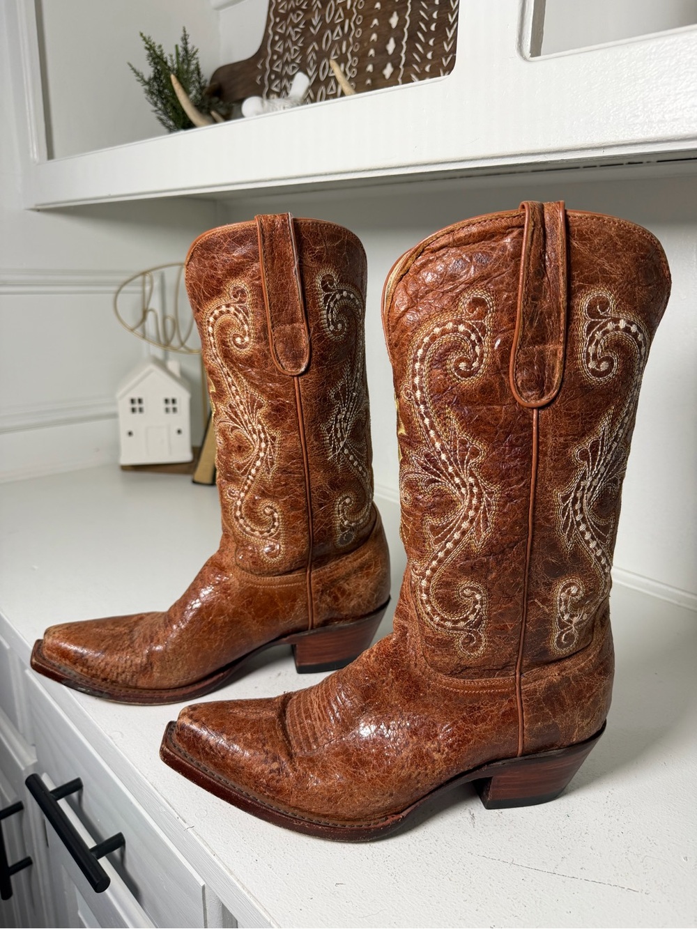 Ferrini Cowboy Boots Women's 7.5 Brown Crackle Leather Square Toe Western